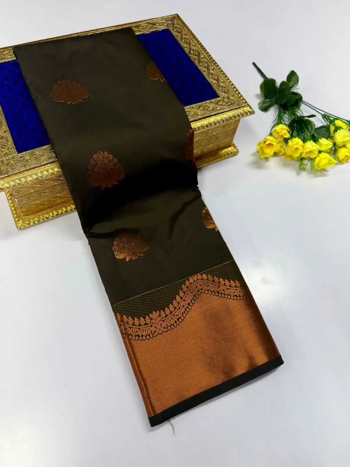 Copper Zari Floral Tree Butta Brocade Border Semi Kanchipuram Silk Saree